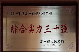 集團公司榮獲“2019年度泰州市建筑業企業綜合實力三十強”稱號